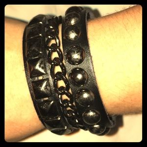 Black Leather and silver studs layer cuff bracelet